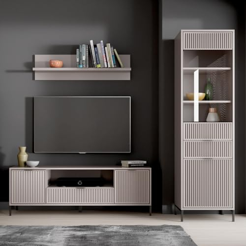 Lomadox Wohnzimmer Set Wohnwand Anbauwand Kaschmir beige 3-teilig modern Vitrine Wandregal Lowboard