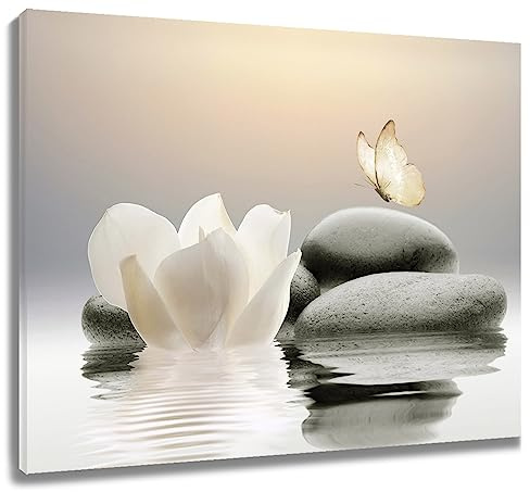EOBTAIN Zen Small Bathroom Wall Art Garden Water Lily Flower and Butterfly Calming Spa Canvas Pictures wall decor for Yoga Room Nature Spiritual Relaxing Framed Artwork for Home Decor 10x8 Inch