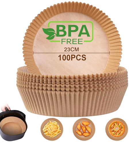 AiQInu Papel Freidora de Aire, 100 Piezas 23 cm Pergamino Redondas, Forro Food-Grade BPA Free Antiadherente para 3-8L Freidora y Microondas