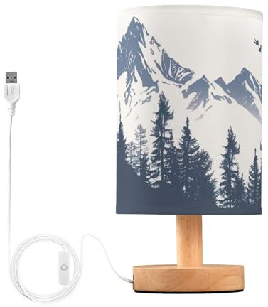 BOESI Lampada da tavolo con motivo graffiti, montagna e albero, lampada da comodino con base in legno e cavo USB per camera da letto, soggiorno