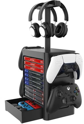 Niciksty Tour de Stockage de Jeux PS5, Étagère de Rangement pour 24 CD, 4 contrôleurs et 2 Casques pour PS5/PS4/XBOX Series X/xbox one/NS switch Disques de Jeu