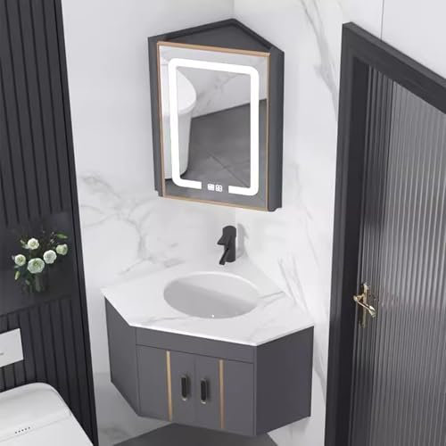 DYUNCZ Mobile Bagno Angolare con Lavabo e Specchio, Mobile Lavandino Bagno, Specchio LED con Antiappannamento, Mobili Bagno Sospesi, Mobiletto Moderno for Riporre Piccoli Spazi(Grigio)