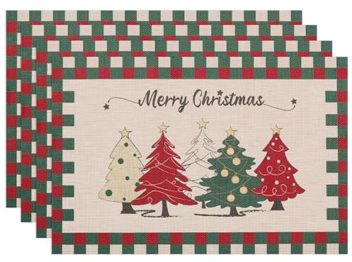 Banchif Tischsets Weihnachten Das Tischset Ist Mit Weihnachtsbaum Motiv Abwaschbar rutschfest Abgrifffeste Hitzebeständig PVC Platzsets Tischdeko Weihnachten Platzsets Set of 4 (45 x 30 cm)