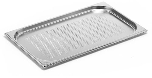 Forgast Recipiente GN 1/1, Recipiente Gastronorm Perforado de Acero Inoxidable, Dimensiones 53x32,5x2 cm, Esquinas redondeadas, Acabado macizo, Transporte, Almacenamiento, Calentamiento de alimentos