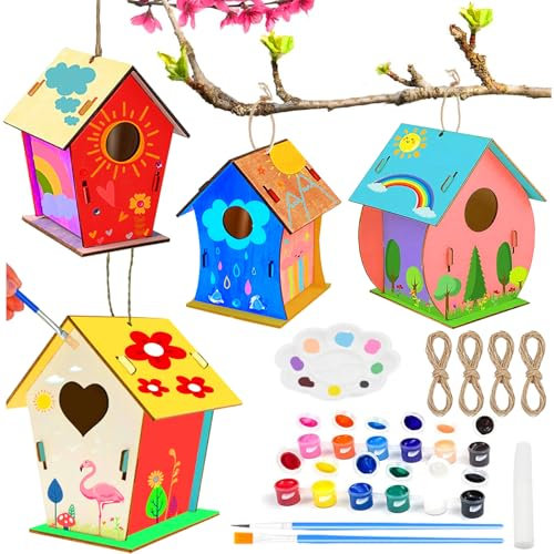 UZSUZZ 4 Pack DIY Bird House Kit, Bird House Crafts for Kids, Mini, DIY Birdhouse Kit for Kids to Build and Paint Birdhouse, Wooden Birdhouse Kits for Kids, Crafts Gifts for Girls and Boys