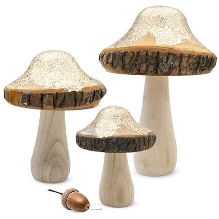 Holz Dekopilz mit Gold Glitzer 3er Set - 18/15 / 11 cm - Holzpilz Figur mit Baumrinde zur Herbst Dekoration - Holz Deko Pilz Goldwald Waldpilz Herbstdeko Aufsteller Tischdeko