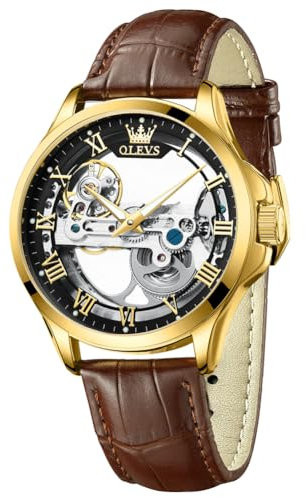 OLEVS Skeleton Automatische Herrenuhren Mechanisch Modisch Luxus Leder Wasserdicht Leuchtende Herren Armbanduhr