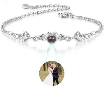 PiercingJak Personalisiertes Armband mit Bild Projektion Foto im Stein Herz Flügel Armkette Verstellbar Doppel Armkettchen Charm Armreif Liebe Freundschaft Geschenke für Freundin Frauen Mädchen
