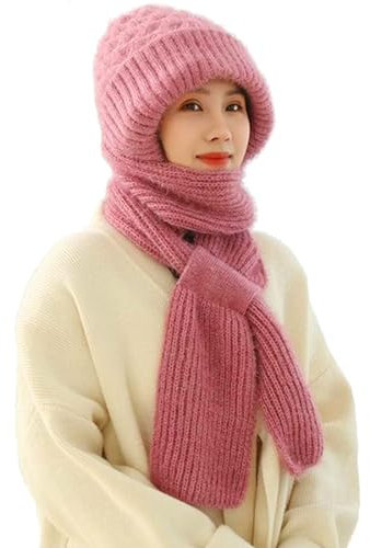 TBLMPNE Schal Damen Winterschal Damen, Schals für Damen Integrierte Ohrenschutz Winddichte Kappe Schal, Elastische Warme Verbundenen Ohrenschutz Strickmütze (Rosa)