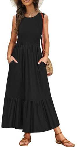 VEUNCOS Sommerkleid Damen Lang Elegant Maxikleid Ärmellos Hohe Taille Strandkleid Leicht und Luftig Tank Top Kleid Schwarz L