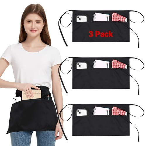 3 Stücke Taille Schürze mit 3 Taschen, Schwarz Kellnerin Kellner Schürzen Unisex, Wasserdicht Server Schürzen mit langen Riemen Bistro Schürze für Restaurant Server Arbeit Bar (3, Schwarz - 60x30 cm)