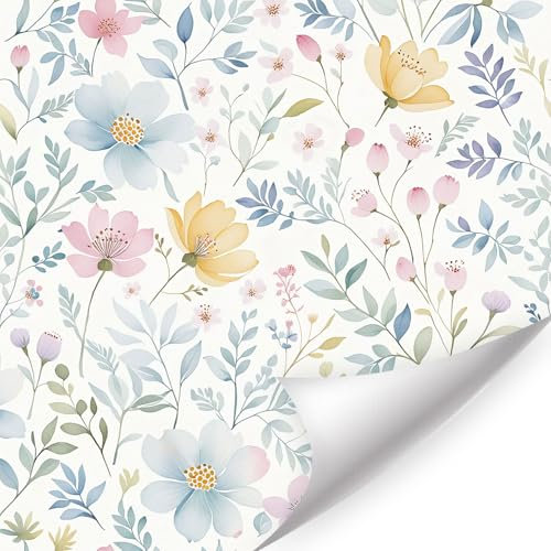 HPNIUB Watercolor Floral Wallpaper, Peel and Stick Self-Adhesive Wall Stickers, Botanical Flower Wallpaper for Bathroom Bedroom Living Room Nursery Boho Home Decor(17.3 x 118.1 inch)