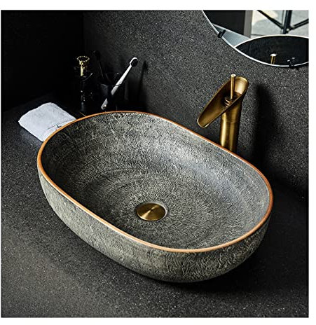 Aioneer Bathroom Sink Vintage Style Oval Countertop Sink Artistic Bathroom Sink Ceramic Wash Basin Bowl Lavatory Vanity