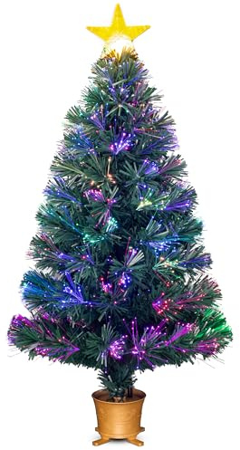 YUETJIN Mini árbol de Navidad artificial de fibra óptica preiluminado de 3 pies, pequeños árboles de Navidad con decoraciones de estrellas, color dorado
