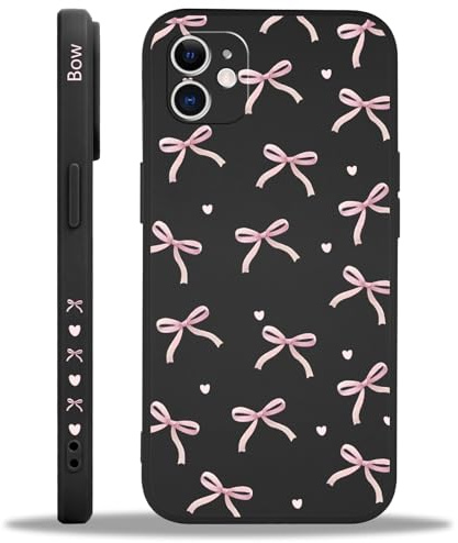 Kivlclri Cover per iPhone 12 6,1, Cellulare Nero Silicone Morbido Custodia per telefono Aesthetic Rosa Fiocco Cuore Motivo Disegno Protezione Fotocamera Antiurto Case per Ragazze Donne