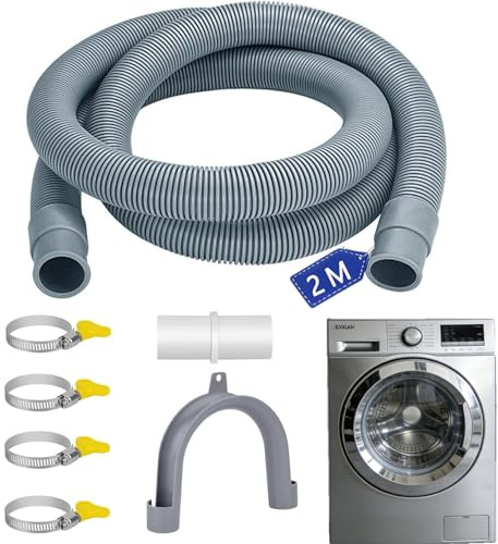 Universal Washing Machine Drain Hose Extension Kit 2M - Flexible & Cutable Drain Hose for Washing Machine, Dishwasher, Dryer - Includes Extender Connectors & 4 Pipe Clamps, U-Bracket Easy Installation
