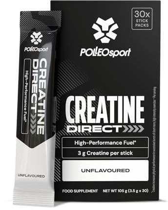 Polleo Creatine Direct – 30 Sachets à 3,5 g | Kreatin-Monohydrat | 3 g Kreatin pro Tagesportion | Praktische Direktsticks ohne Mischen | Für hochintensive Trainingseinheiten (Unflavoured)