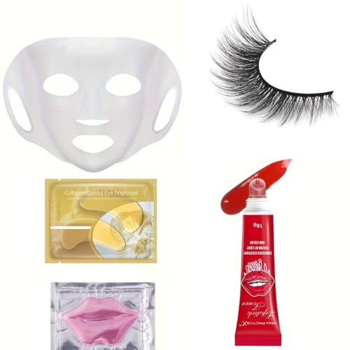 Lips & Eye Care Beauty Set – Hydrating Lip and Eye Masks with False Eyelashes, Hydrating Facial Mask, Lip Stain Peel Off & Reusable Silicone Face Mask