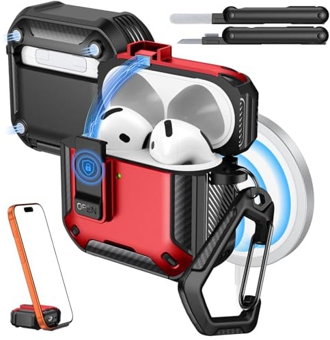Moko Custodia per AirPods 4 / AirPods 5 (2024/2026), con Chiusura, Rosso | Compatibile con MagSafe, Supporto per Telefono & Pop-up Auto per Custodia AirPod 4a Gen, Copertura Protettiva con Kit Pulizia