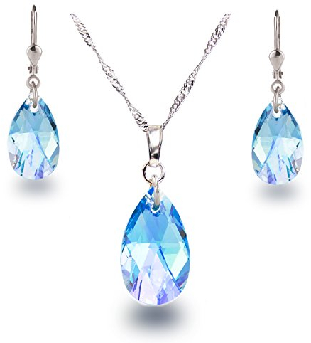 Schöner SD Schmuckset 925 Silber mit Marken Kristall Tropfen Aquamarin blau