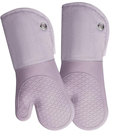 Professional microwave silicone oven mitts Yarn-dyed 1 pair and Kitchen Towels 2 pcs, kitchen lines set for heat resistant with 500 degrees, kitchen gloves pot holder for BBQ cooking baking (Purple)