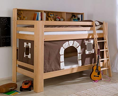 Froschkönig24 Etagenbett JAN Kinderbett Spielbett Bett mit Bücherregal Buche Burg Braun/Weiß, Matratzen Oben/unten:ohne