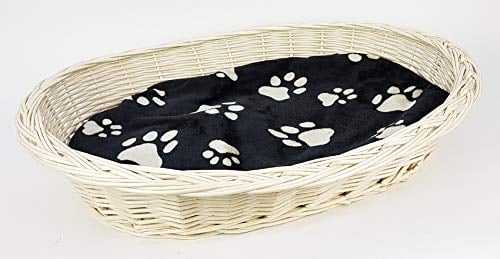 Tigana - Weidenkorb mit Zopfrand Hundekorb aus Vollweide in Weiß 50 cm (+ Kissen in Schwarz)
