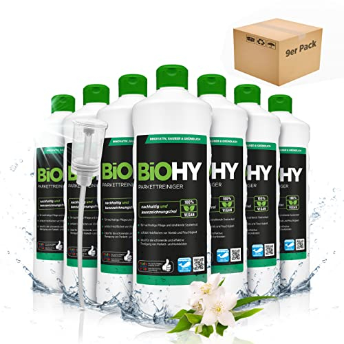 BiOHY Nettoyant pour parquet (9 x 1l Bouteille) + Distributeur | Idéal pour les parquets vitrifiés | Doux pour le matériel et sans effet regraissant | nettoyage sans traces (Parkettreiniger)