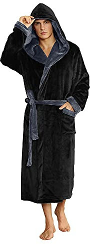 U2SKIIN Herren Kapuze Bademantel, Plüsch Bademäntel für Herren lange Fleece Plüsch Bademantel flauschig aus Flanell (Schwarz/Dunkelgrau, L/XL)