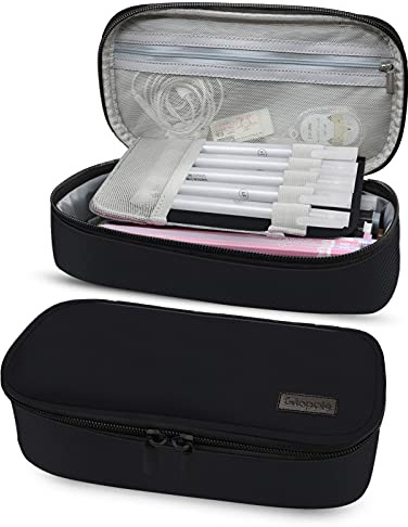 Gloppie Expandable Pencils Case - Large Capacity Pen Bag Pouch Holder School Desk Organizer with - Multi Compartments Sets, Black