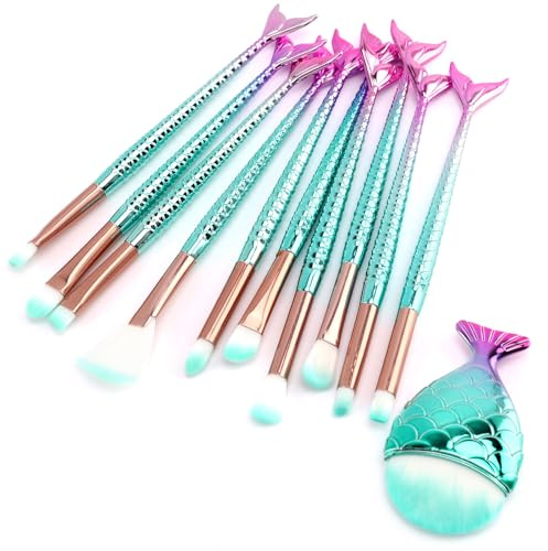 Lot de 11 pinceaux de maquillage mignons pour fille, fond de teint, sourcils, eyeliner, blush, correcteur, pinceaux pour femmes et filles (manche coloré en forme de queue de poisson)