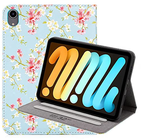 32nd Floral Series - Design PU Leather Book Folio Case Cover for Apple iPad Mini 6 (2021), Designer Flower Pattern Flip Case With Built In Stand - Spring Blue