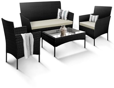 KEPLIN 4-teiliges Rattan Gartenmöbel Set – Outdoor Lounge Sofa, Stühle und Tisch Bistro Set für Rasen, Terrasse und Wintergarten – leicht zu verstauen, stapelbar, ideal um draußen zu Essen (Schwarz)