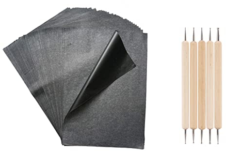 100 Fogli Nero Carta Carbon,Carbonio Carta da Ricalco,Carta Transfer in Carta Grafite con 5 Stilo per Goffratura per Disegno,Schizzo