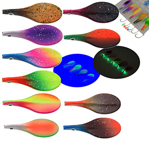 Njord Kalastus Inline Spoon Forelle in Box | UV Aktiv und Selbstleuchtende 3D Augen | Durchlaufblinker Forellenköder Inliner Spoon Inline Durchlauf Spoons Forelle Angel Set Magic Spoon (4,5g,10er Set)
