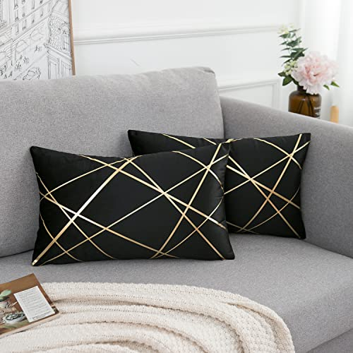 Samt Kissenbezug Schwarz 2er Set 30x50 cm Golden Geometrie Outdoor Dekokissen Kissenhülle Sofakissen Couchkissen Dekorative Kissen Kissenbezüge Moderne Zierkissen Bezug für Schlafzimmer Sofa Bett