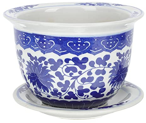 GANAZONO Outdoor Planters - Blue and White Porcelain, Ceramic Flower Pots with Saucer Tray for Large Plants