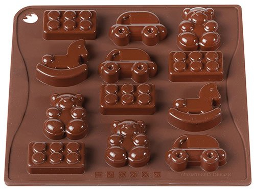 Selecto Bake Stampo in silicone a 12 cavità per cioccolato, auto, orsacchiotto, pause, cavallo a dondolo, decorazione per fondente, giocattoli per bambini, pasta di zucchero, per cera e candele