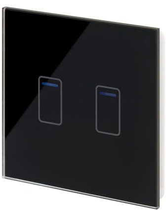 Retrotouch Crystal Touch Switch | LED Light Indicator | 2 Gang 2 Way 300W | Stylish Black Glass Finish | Screwless Front | 35mm Back Box No-Neutral Required | Luxury Home & Bathroom Light Switches