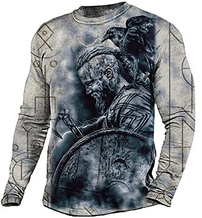 Men's Viking Tattoo Printed Long Sleeve T Shirt Casual Norse Mythology Viking Cosplay Printed Jumpers T-Shirt Top