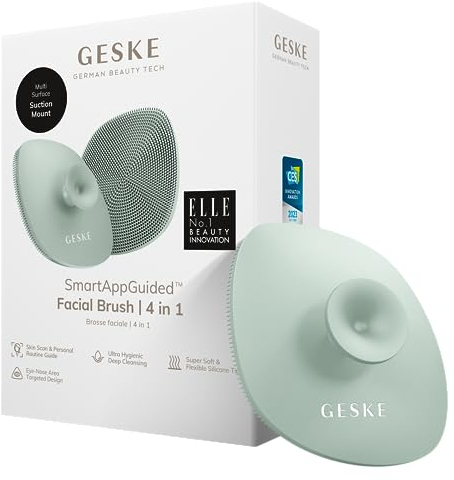 GESKE | SmartAppGuided™ Facial Brush 4 in 1 | Gesichtsreinigungsbürste mit Griff | Weiche Bürste aus Silikon | professionelle Gesichtsreinigung | Gesichtsreinigungsgerät | Hautreinigung