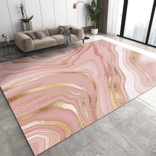 TEMLAN Tapis de Salon Marbre Rose Or Rose Tapis de décoration Dessin Au Trait Doré pour Manger Chambre à Coucher, Doux et Confortable Antidérapant Facile à Entretenir Lavable 60 x 90 cm