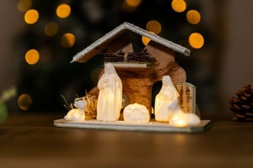 Marco Paul Christmas Light up Pre lit LED Nativity Scene Traditional Decoration Indoor Illuminated Religious Christmas Ornaments white Table for home Window Scene Tree Gift