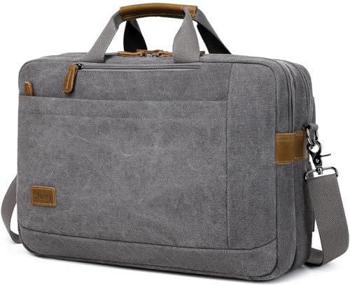 Mens Messenger Bag 17.3 Inch Canvas/Leather Laptop Bag Backpack for Men Briefcase Computer Handbags Shoulder Bag Convertible, Grey, Detachable