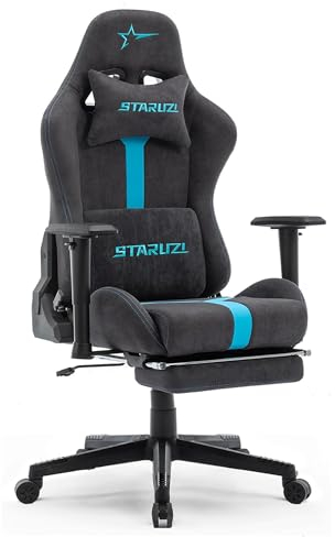STARUZI Ergonomischer Gaming Stuhl aus Wildlederimitat Stoff, Gamer PC Stuhl mit Fußstütze, Atmungsaktiver Game Chair mit Verstellbaren Rückenlehne, Grau-Blau