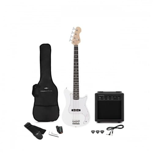VISIONSTRING Basso elettrico 3/4 per principianti Kit di chitarre basse per bambini con amplificatore Bianco