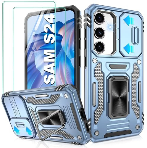Jshru for Samsung S24 Case with Screen Protector [2 Pack] and Slide Camera Cover,S24 Shockproof Bumper Phone Case,Ring Kickstand Phone Cover for Samsung Galaxy S24,Light Blue