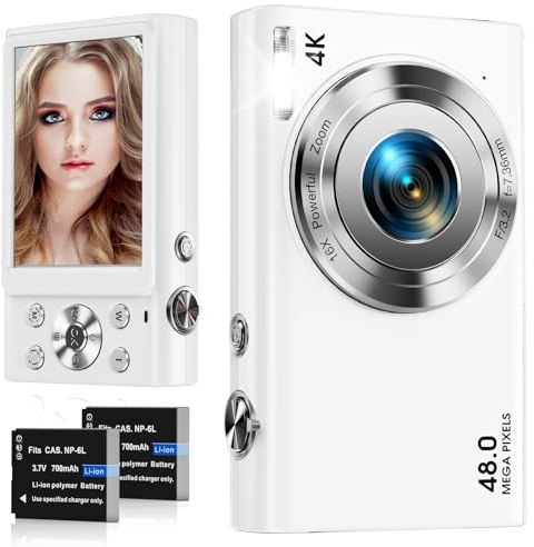 Digitalkamera, 4K Autofokus Fotokamera HD 48MP mit 2,8 großem Bildschirm, 16X Digitalzoom, Kompaktkamera für Fotografie, Fotoapparat für Teenager, Erwachsene, Anfänger(weiß)