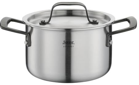 Spring Kochtopf GOURMET, mehrschichtiger Topf mit Deckel aus Edelstahl, backofengeeignet, mit Innenskalierung, Ø 16 cm, Höhe 10 cm, 2 Liter, schwarz