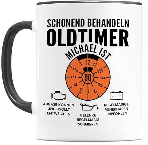 Oldtimer Tasse 90. Geburtstag Mann personalisiert mit Namen Geschenkidee Geschenk für Männer Geburtstagsgeschenk Kaffeetasse aus Keramik 330 ml
